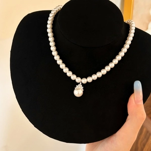 Elegant Artificial Pearl Necklace With Zircon Inlay Crown Pendant Copper Jewelry Vintage Korean Style For Women