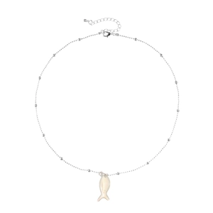 Collier à perles argentées avec pendentif poisson en nacre blanche et fermoir homard