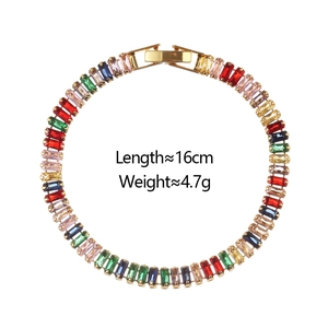 Rainbow tennis bracelet featuring colorful rectangular zircons in a circular display