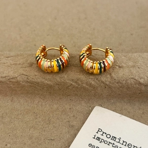 Boucles D'oreilles Créoles Émaillées Rayées Colorées Cuivre Plaqué Or Rétro Français Bohème En Forme De C Pour Femmes