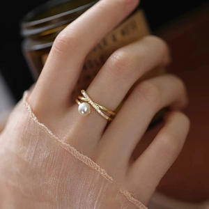 Shell Artificial Pearl Open Ring Copper Micro Pave Zircon Cross Design Elegant Fashion Jewelry For Women