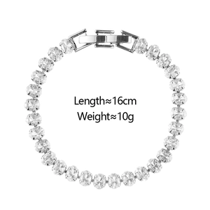 Detail view of silver zircon bracelet showing 16cm length and 10g weight specifications