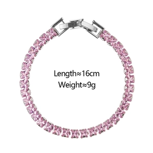 Silver-tone tennis bracelet with pink square-cut zircons showing 16cm length and 9g weight