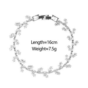 Close-up of vine-shaped silver zircon bracelet with marquise leaves, 16cm length