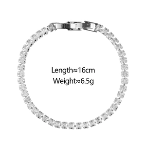 Macro shot of silver tennis bracelet with cubic zirconia stones showing 16cm length