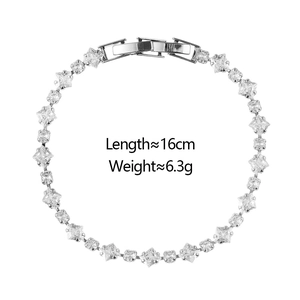 Detail shot of silver zircon bracelet showing 16cm length and 6.3g weight specs