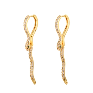 Vintage long snake earrings in gold finish with white cubic zirconia and green gem eyes