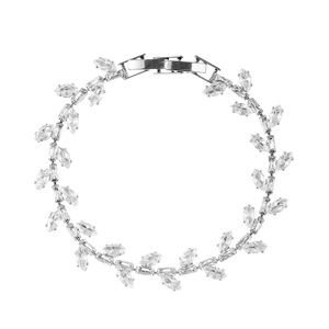 Detail showing elegant silver leaf bracelet with marquise and baguette cubic zirconia