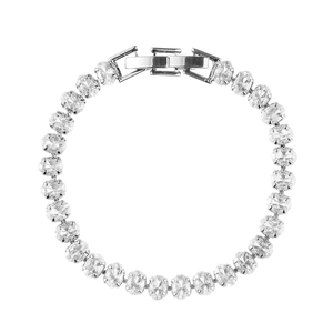 Top view of sparkling oval zirconia bracelet with silver metal frame and folding clasp
