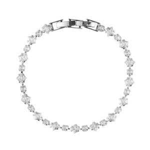 Detail view of silver tennis bracelet with alternating round and square cubic zirconia stones