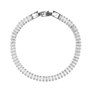Detailed view of silver tennis bracelet featuring rectangle cut cubic zirconia stones