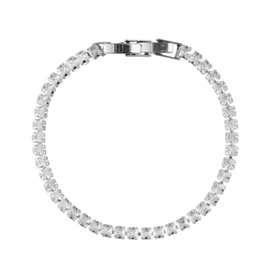 Detailed top view of a silver tennis bracelet with square-cut sparkling cubic zirconia