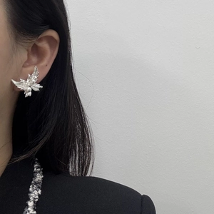 Boucles d'oreilles ailes de papillon argentées avec perles portées par un mannequin