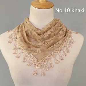 Elegant khaki lace triangle scarf with floral patterns and delicate droplet lace trim