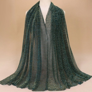 Breathable dark green scarf with gold metallic threads and pleated nylon texture
