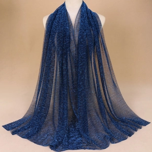 Deep blue sheer shawl with gold metallic thread and sparkling texture for women