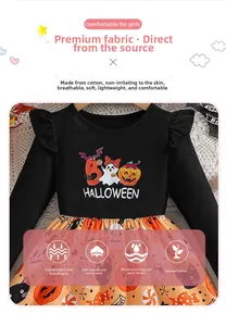 Detail of girls Halloween long sleeve dress with pumpkin print and ruffle sleeve accents