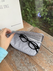 L-shaped gray plaid linen embroidery pouch for glasses and phone storage with zipper