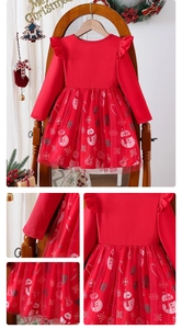 Details zum Weihnachts-Mädchenkleid mit Rüschenschultern und Schneeflocken-Netzrockmuster