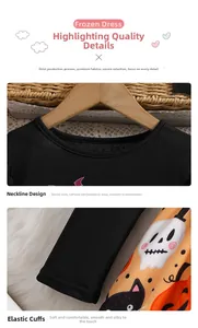 Detail of round neckline and elastic cuffs on Halloween pumpkin print dress