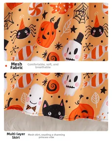 Detail of soft breathable mesh fabric and layered orange pumpkin pattern skirt