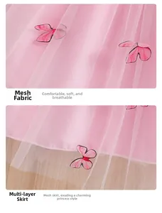 Detail von rosa atmungsaktivem Mesh-Stoff mit zarten 3D-Schmetterlingsapplikationen am Kleid