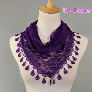 Lace rose floral triangle scarf for women in elegant deep purple with tassel edges