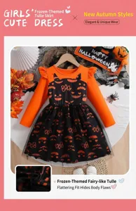 Détail de la robe d'Halloween pour fille avec motif citrouille et jupe en tulle noir