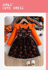 Détail de robe Halloween pour bambin avec motif citrouille et jupon en tulle noir doux