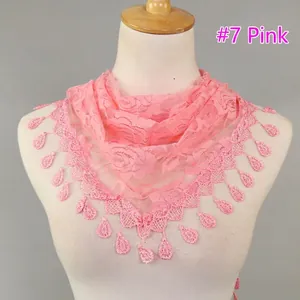 Pink lace triangle scarf featuring rose embroidery and teardrop lace pendant accents