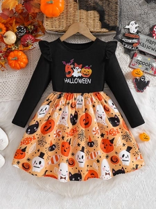 Toddler Girls Halloween Long Sleeve Dress Cartoon Pumpkin Ghost Print Ribbed Cotton Ruffle Festive Party Outfit