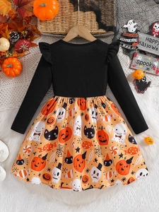 Halloween girls' long sleeve dress with pumpkin print skirt and black ribbed top