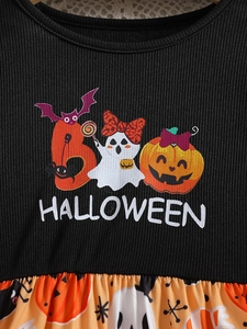Kids Halloween dress with pumpkin bat prints and black ribbed knit long sleeves