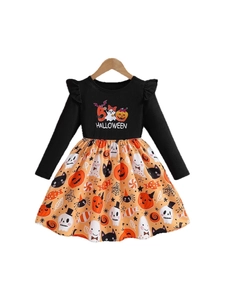 Halloween girls long sleeve dress with orange pumpkin print and black ruffled bodice