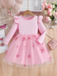 Rosa Langarm-Mädchenkleid mit Schmetterlings-Netz-Tutu und Rüschendetails an der Schulter