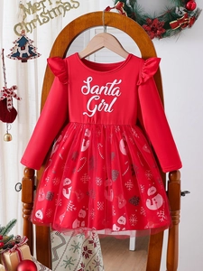 Mädchen Weihnachten Langarm Kleid Baumwollmischung Mesh Tüll Santa Girl Print Schneeflocke Tutu Prinzessin Party Outfit
