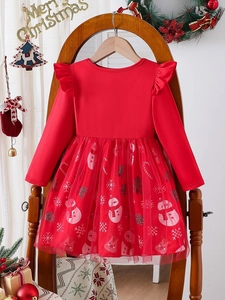 Rotes Weihnachts-Tüllkleid für Mädchen mit Schneeflockenprint und Rüschenärmeln in Festdekoration
