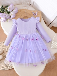 Mädchen Langarm Prinzessinnenkleid Süßes Netz Tüll Schmetterling Patchwork Fee Party Feiertagskleid Für Kinder 3-10 Jahre