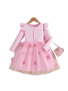 Rosa Langarmkleid für Mädchen mit Schmetterlings-Tüllrock und passender Handtasche