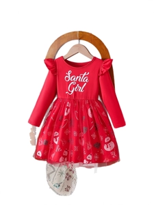 Rotes Weihnachts-Langarmkleid für Mädchen mit Santa Girl Aufdruck und Tüllrock