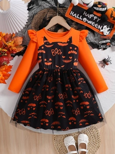 Girls Halloween Dress Pumpkin Print Patchwork Mesh Tutu Long Sleeve Flutter Shoulder Orange Black Holiday Party Outfit