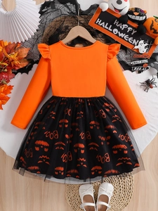 Baby girl Halloween long sleeve dress with orange bodice and black spider web tulle skirt