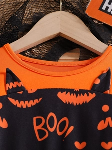 Halloween toddler dress with orange pumpkin face and BOO print on black lace mesh