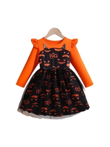 Halloween girls' long sleeve orange pumpkin dress with black mesh spider web skirt
