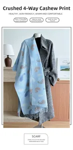 Detail of light blue paisley scarf with pleated texture and soft fringe tassels