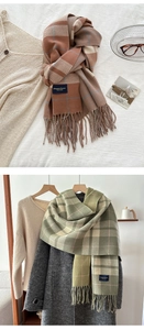 Close-up of retro plaid scarf with elegant tassels and classic woven label detail
