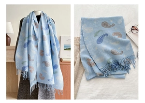 Detail of light blue paisley knit scarf with fringe trim, autumn winter fashion wrap