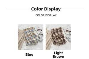 Detailed flat lay of blue and light brown plaid scarves with fringe on textured background