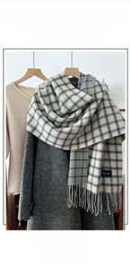 Close-up of thick plaid tassel scarf texture paired with a grey wool coat