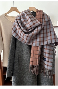 Detail of checkered tassel scarf featuring grey-blue and brown vintage textile textures